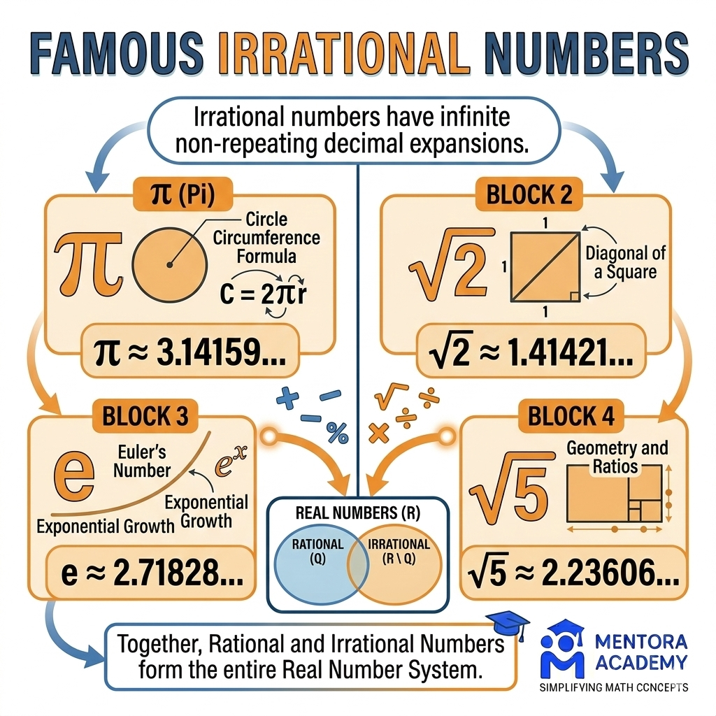 Famous irrational numbers real world applications showing pi in circles e in compound interest golden ratio in architecture and square root 2 in diagonal measurements - practical uses of irrational numbers for students